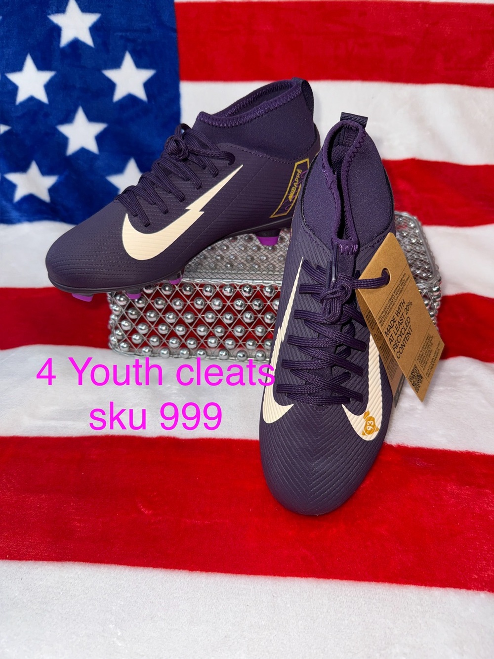 Nike 4 Youth Soccer Cleats - Purple with Cream Swoosh non metallic plastic spike